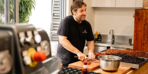 Grego cutting up ingredients